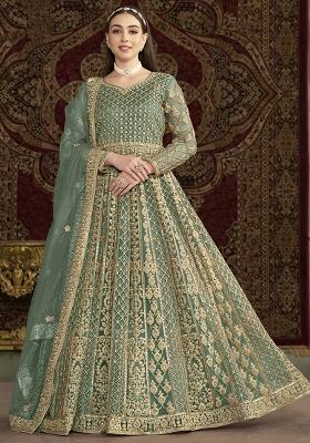 Green Embroidered Net Kurta With Dupatta