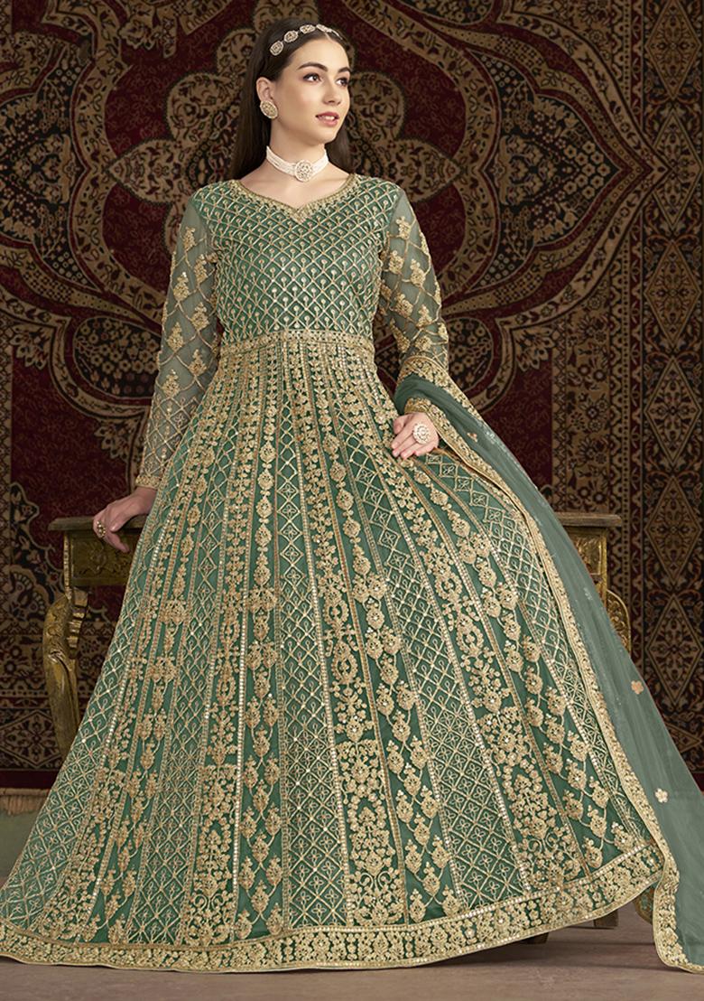 Green Embroidered Net Kurta With Dupatta - Indya