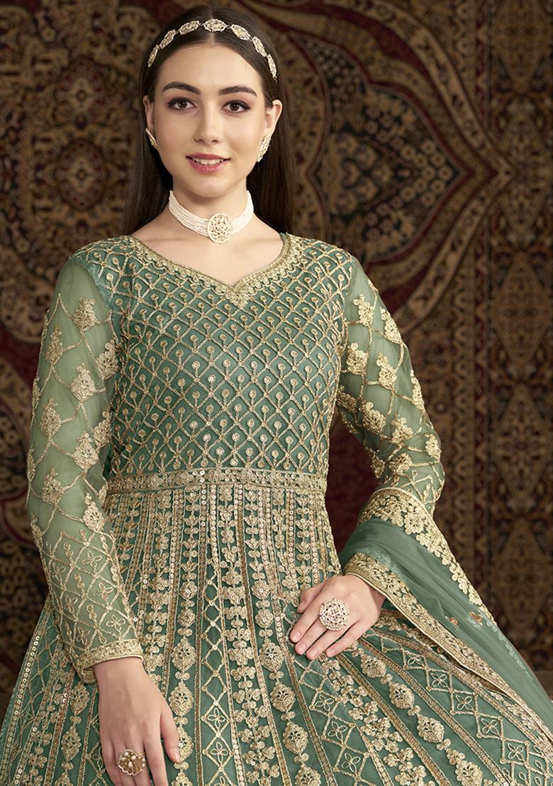 Green Embroidered Net Kurta With Dupatta - Indya