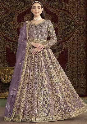 Purple Embroidered Net Kurta With Dupatta