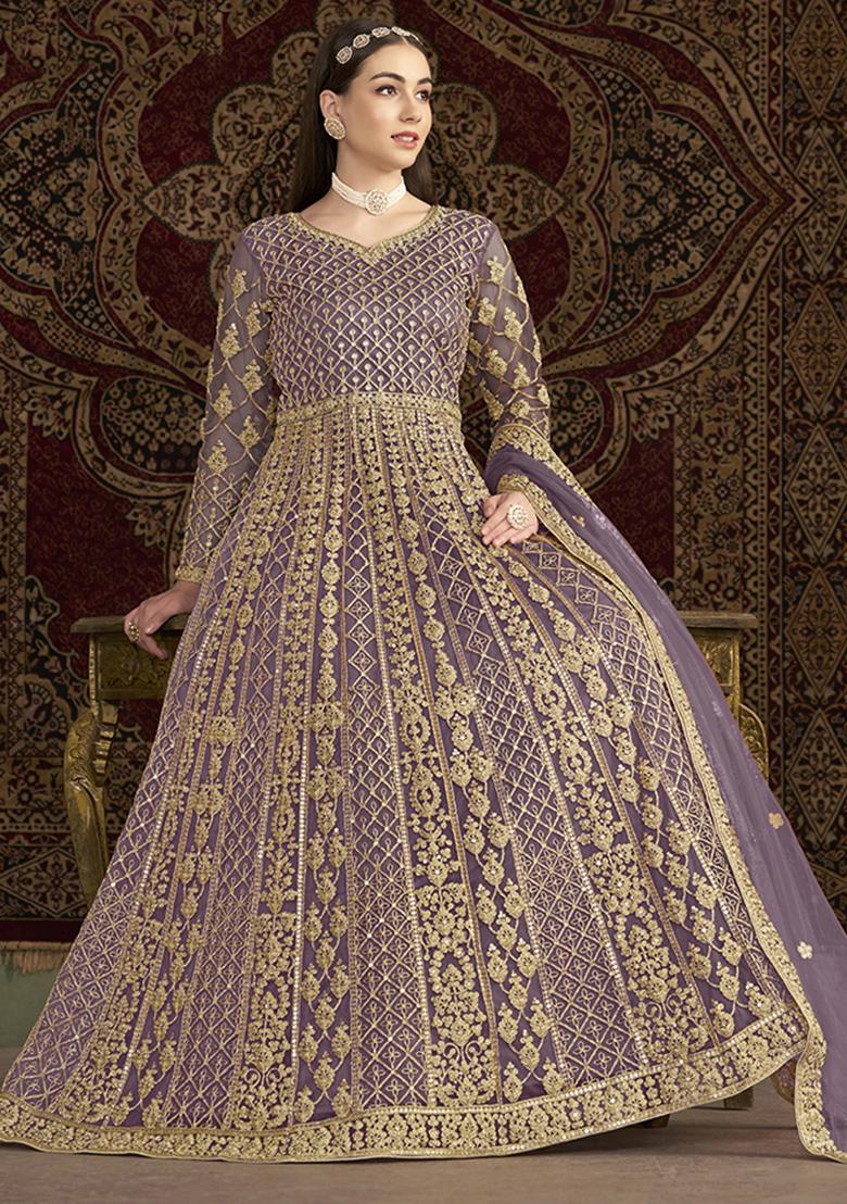 Purple Embroidered Net Kurta With Dupatta - Indya