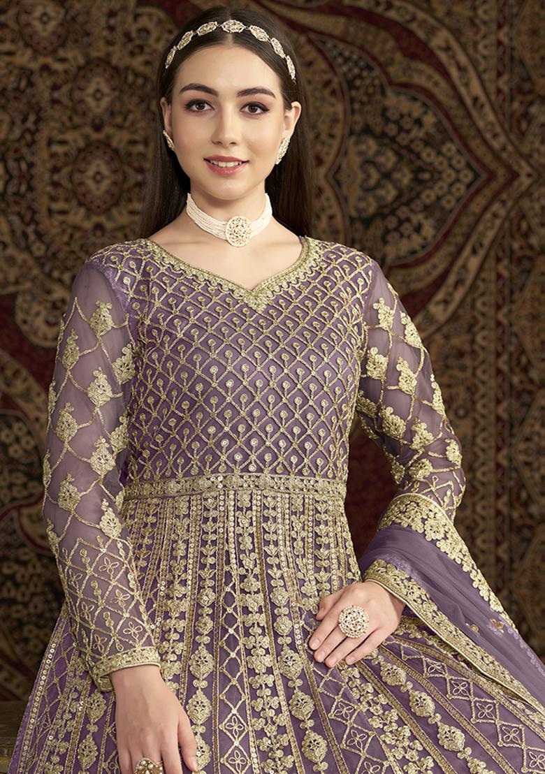 Purple Embroidered Net Kurta With Dupatta - Indya