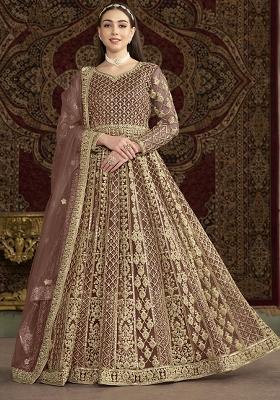 Brown Embroidered Net Kurta With Dupatta