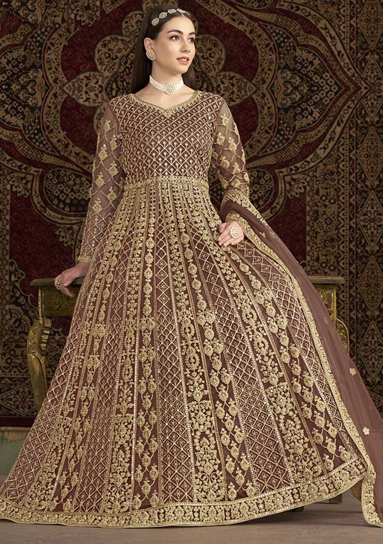 Brown Embroidered Net Kurta With Dupatta - Indya