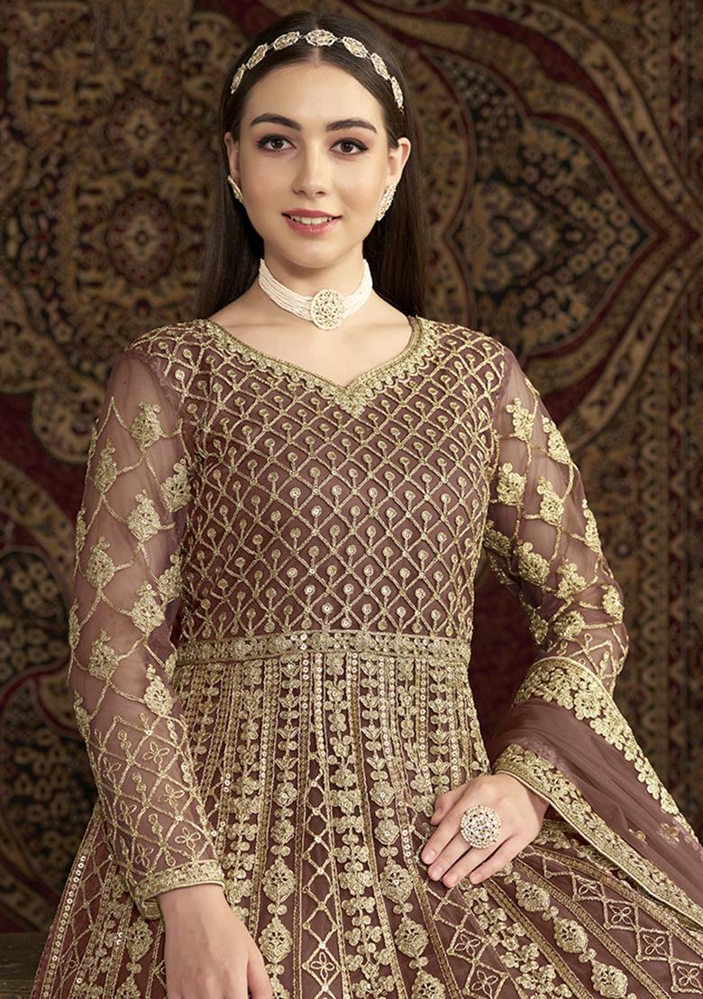 Brown Embroidered Net Kurta With Dupatta - Indya
