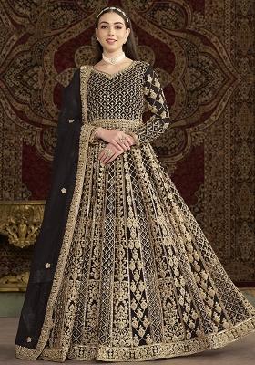 Black Embroidered Net Kurta With Dupatta