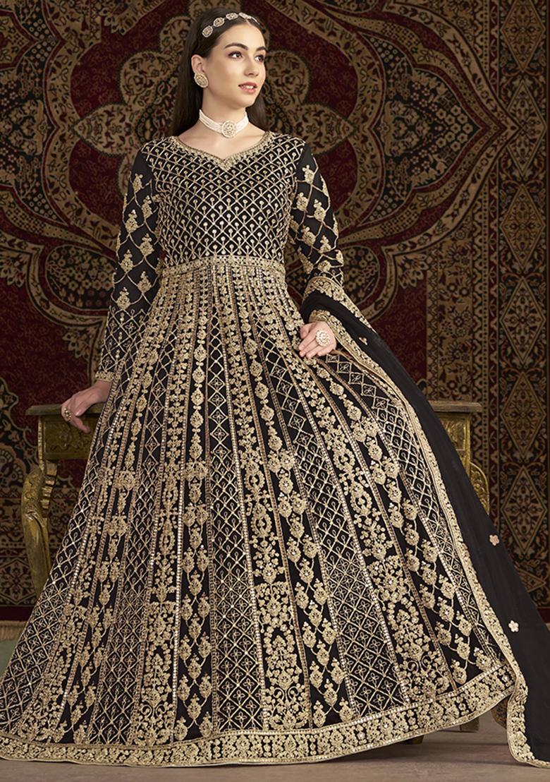 Black Embroidered Net Kurta With Dupatta - Indya