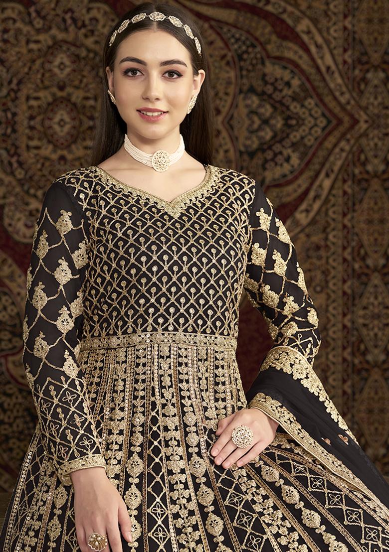 Black Embroidered Net Kurta With Dupatta - Indya