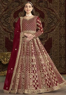 Maroon Embroidered Net Kurta With Dupatta