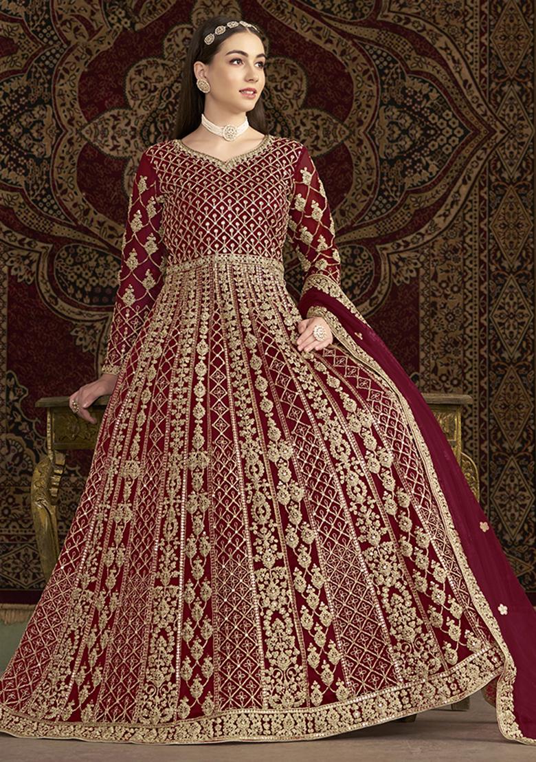 Maroon Embroidered Net Kurta With Dupatta - Indya