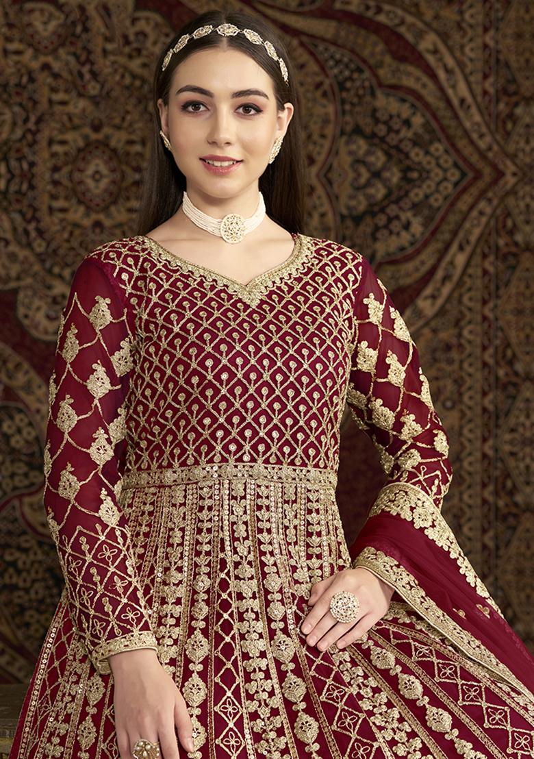 Maroon Embroidered Net Kurta With Dupatta - Indya