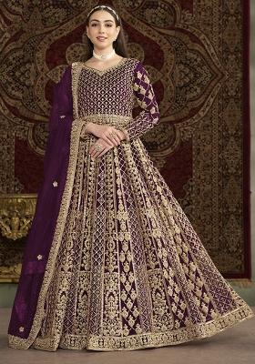 Purple Embroidered Net Kurta With Dupatta