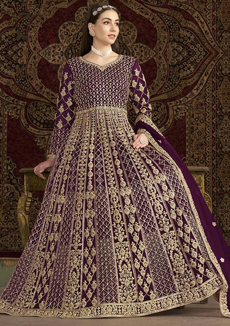 Purple Embroidered Net Kurta With Dupatta - Indya