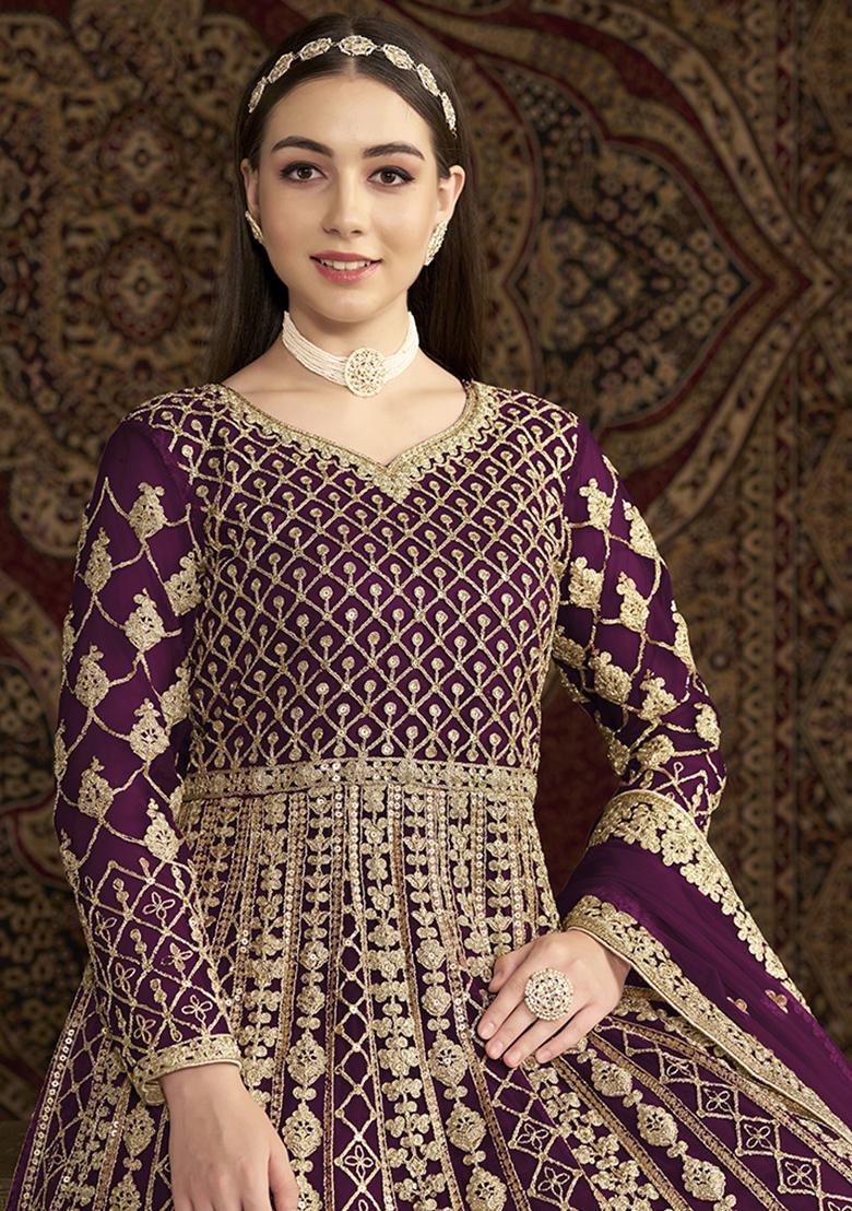 Purple Embroidered Net Kurta With Dupatta - Indya