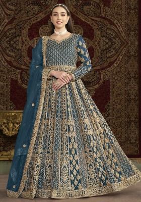 Blue Embroidered Net Kurta With Dupatta