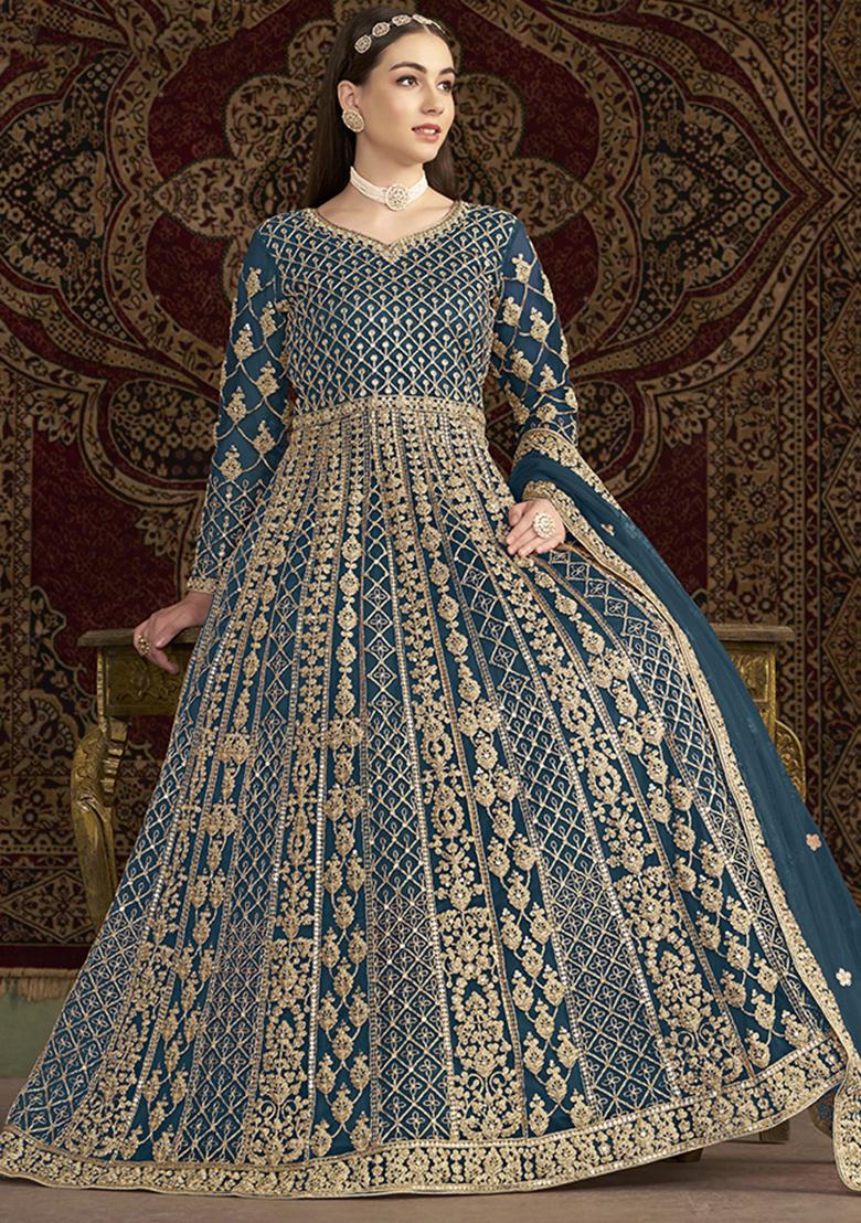 Blue Embroidered Net Kurta With Dupatta - Indya