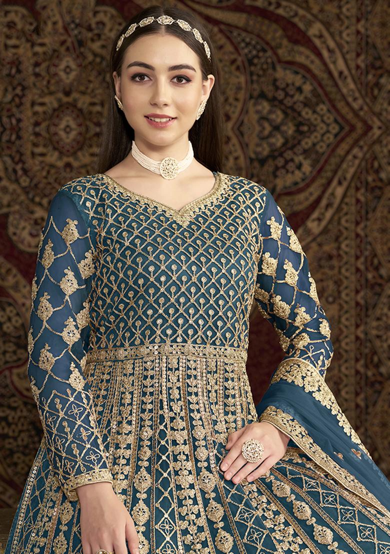 Blue Embroidered Net Kurta With Dupatta - Indya