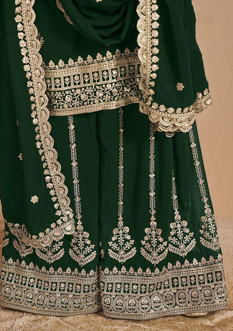 Green Embroidered Georgette Salwar Kameez With Dupatta - Indya