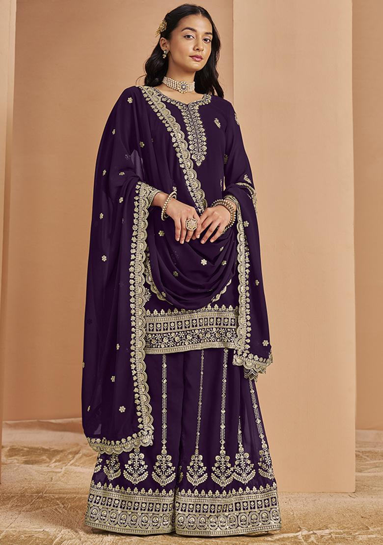 Purple Embroidered Georgette Salwar Kameez With Dupatta - Indya