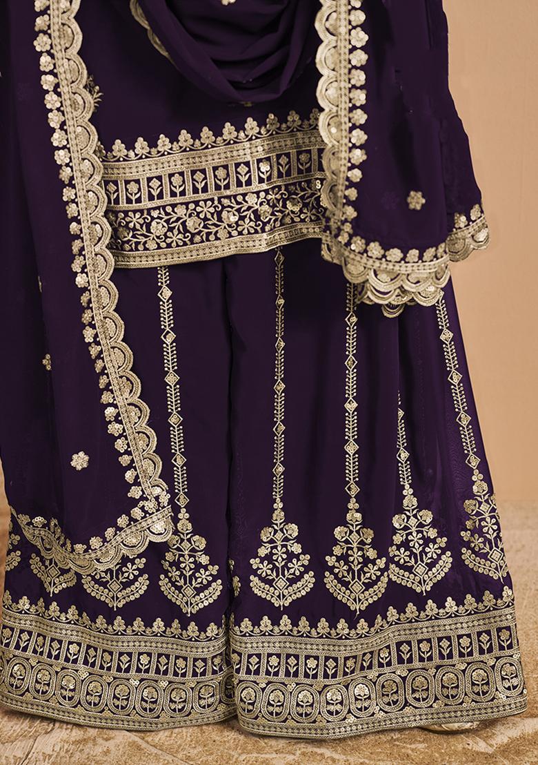 Purple Embroidered Georgette Salwar Kameez With Dupatta - Indya