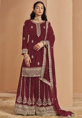 Maroon Embroidered Georgette Salwar Kameez With Dupatta