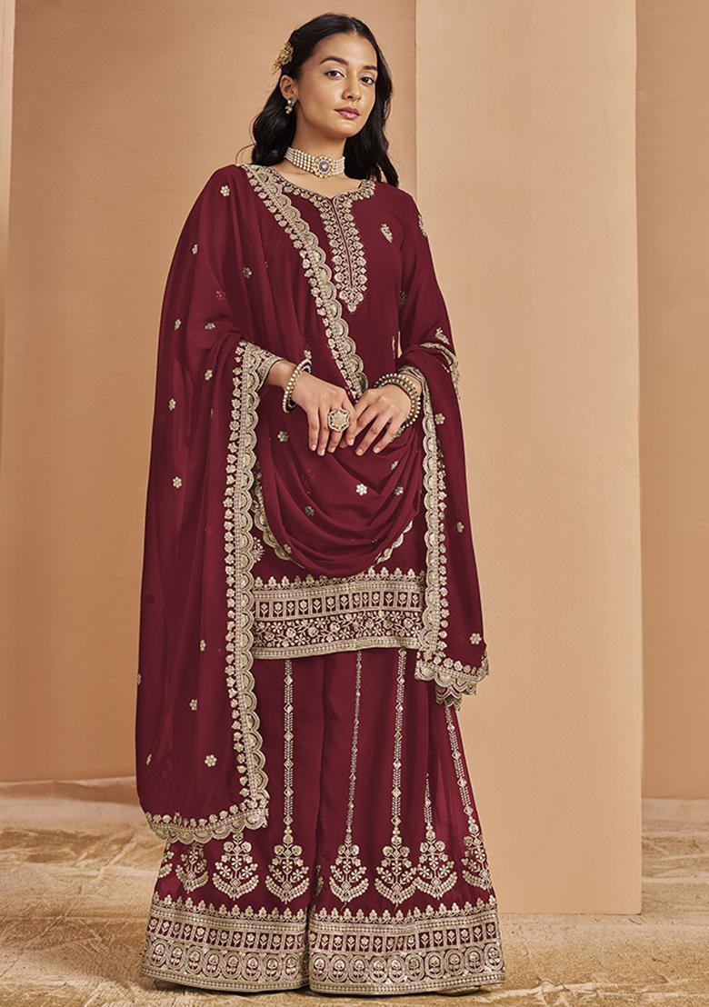 Maroon Embroidered Georgette Salwar Kameez With Dupatta - Indya