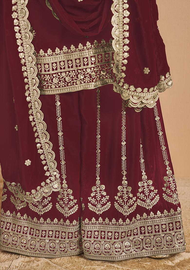 Maroon Embroidered Georgette Salwar Kameez With Dupatta - Indya