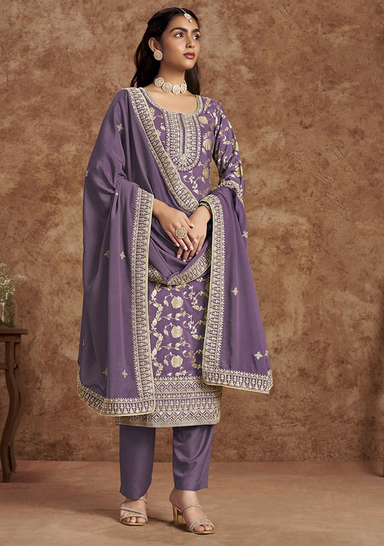 Purple Embroidered Silk Salwar Kameez With Dupatta - Indya