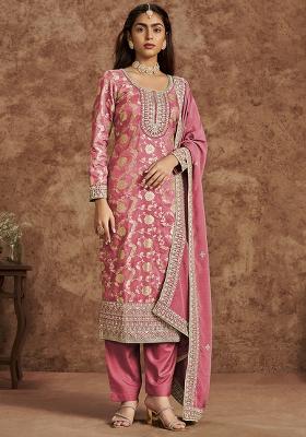 Pink Embroidered Silk Salwar Kameez With Dupatta