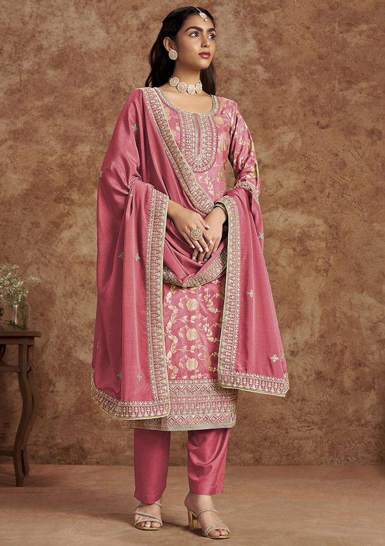 Pink Embroidered Silk Salwar Kameez With Dupatta - Indya