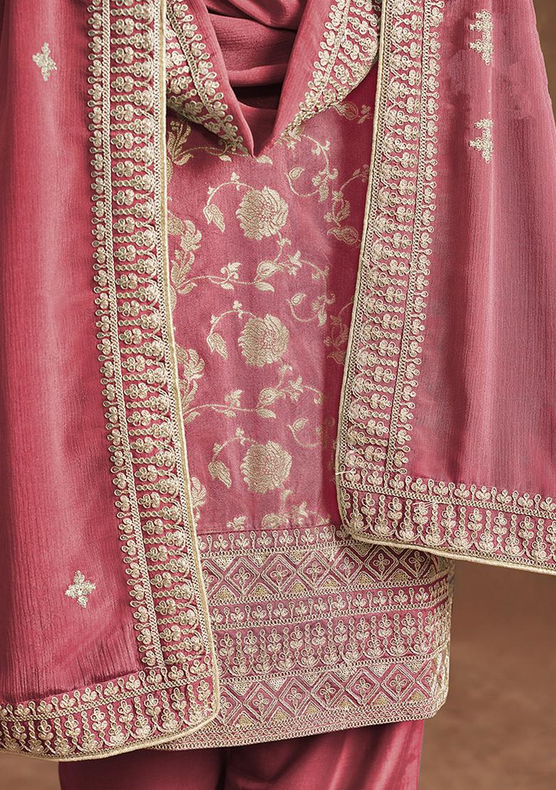 Pink Embroidered Silk Salwar Kameez With Dupatta - Indya
