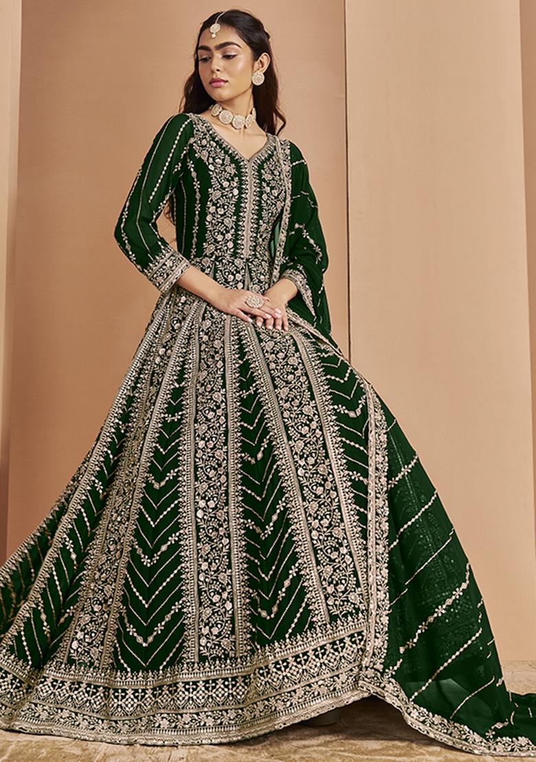 Green Embroidered Georgette Salwar Kameez With Dupatta - Indya