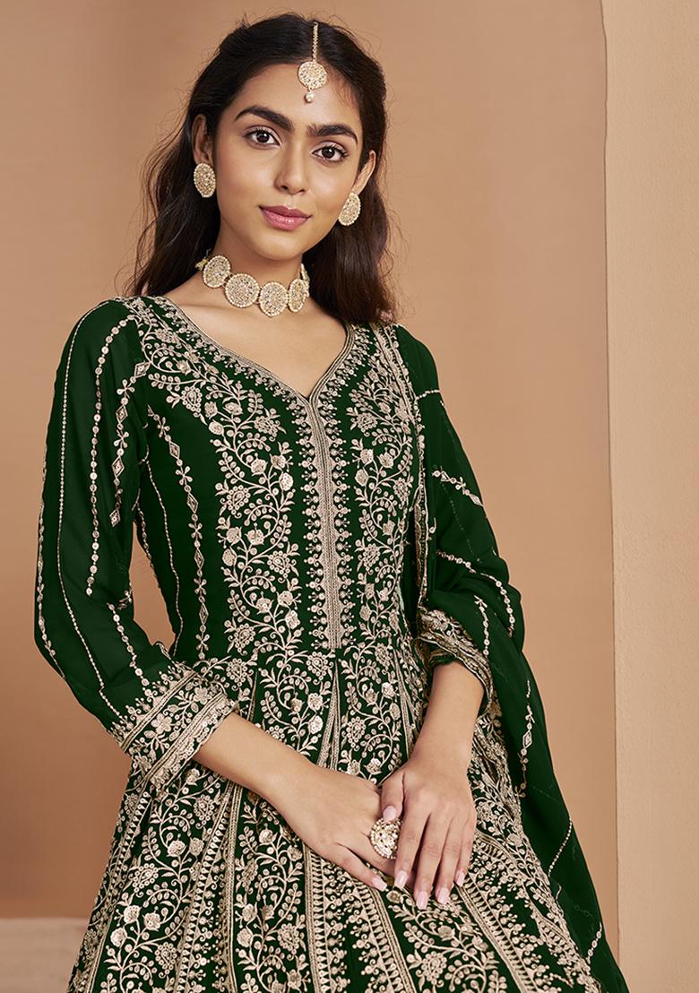 Green Embroidered Georgette Salwar Kameez With Dupatta - Indya