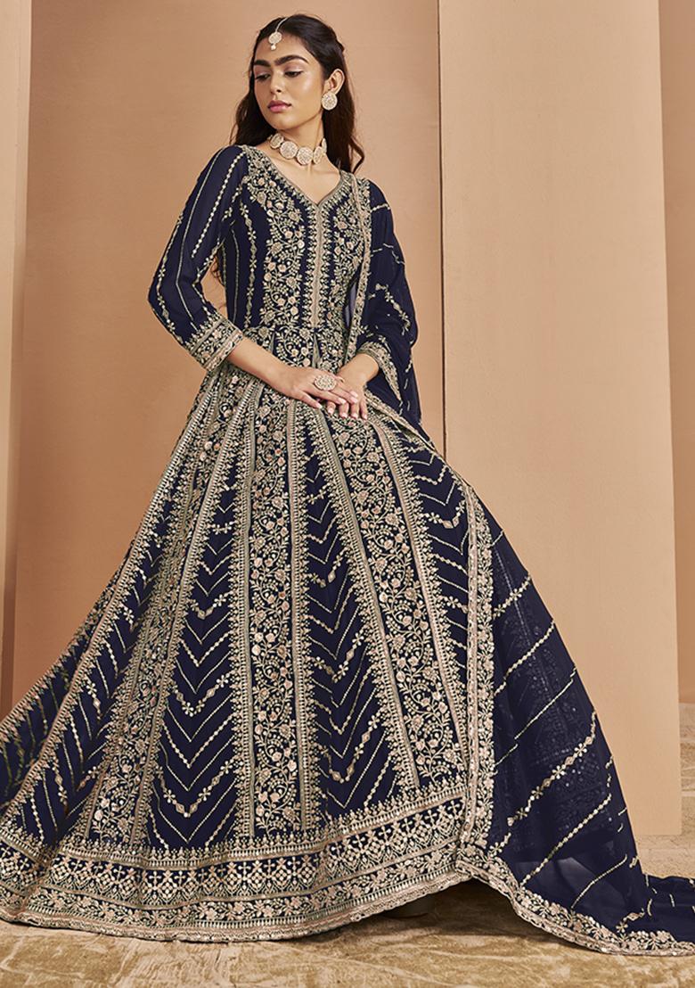 Blue Embroidered Georgette Salwar Kameez With Dupatta - Indya