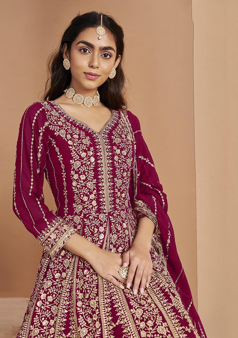 Purple Embroidered Georgette Salwar Kameez With Dupatta - Indya