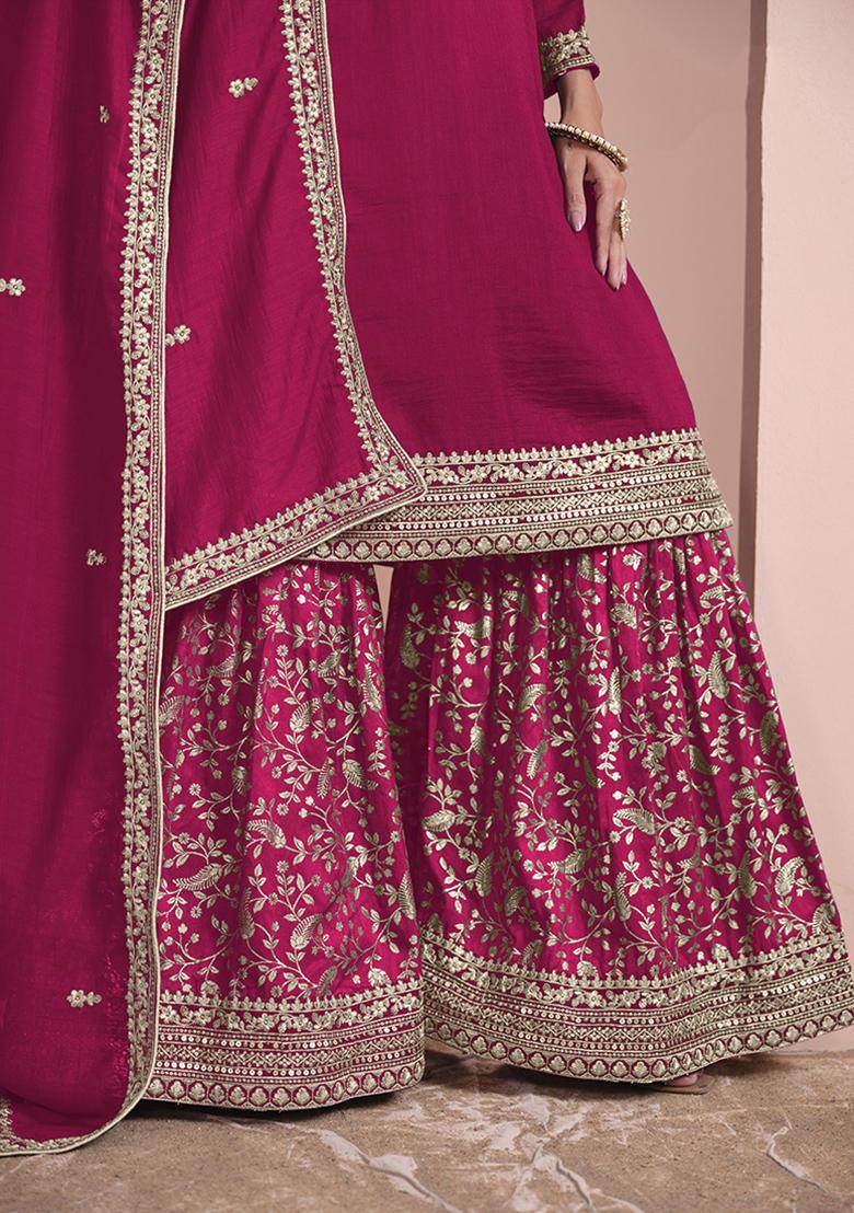 Pink Embroidered Silk Salwar Kameez With Dupatta - Indya