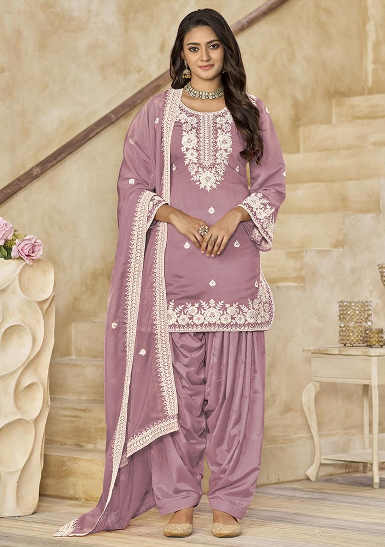 Pink Embroidered Chanderi Salwar Kameez With Dupatta - Indya