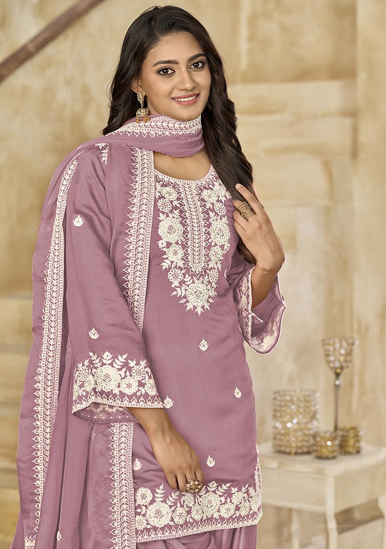 Pink Embroidered Chanderi Salwar Kameez With Dupatta - Indya
