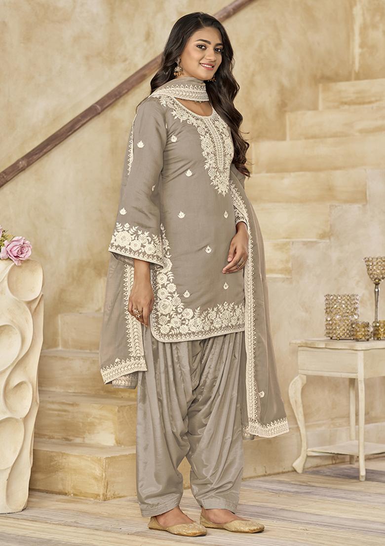 Grey Embroidered Chanderi Salwar Kameez With Dupatta - Indya