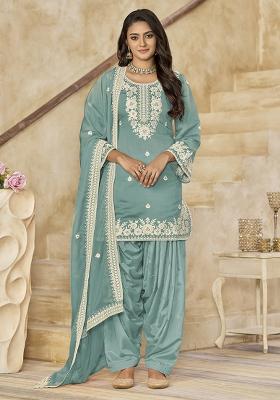 Blue Embroidered Chanderi Salwar Kameez With Dupatta