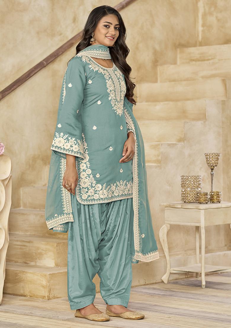 Blue Embroidered Chanderi Salwar Kameez With Dupatta - Indya