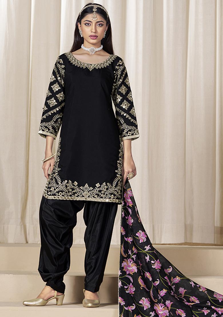 Black Embroidered Chanderi Salwar Kameez With Dupatta - Indya