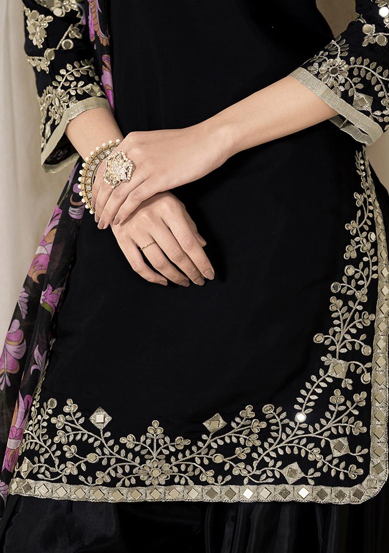 Black Embroidered Chanderi Salwar Kameez With Dupatta - Indya