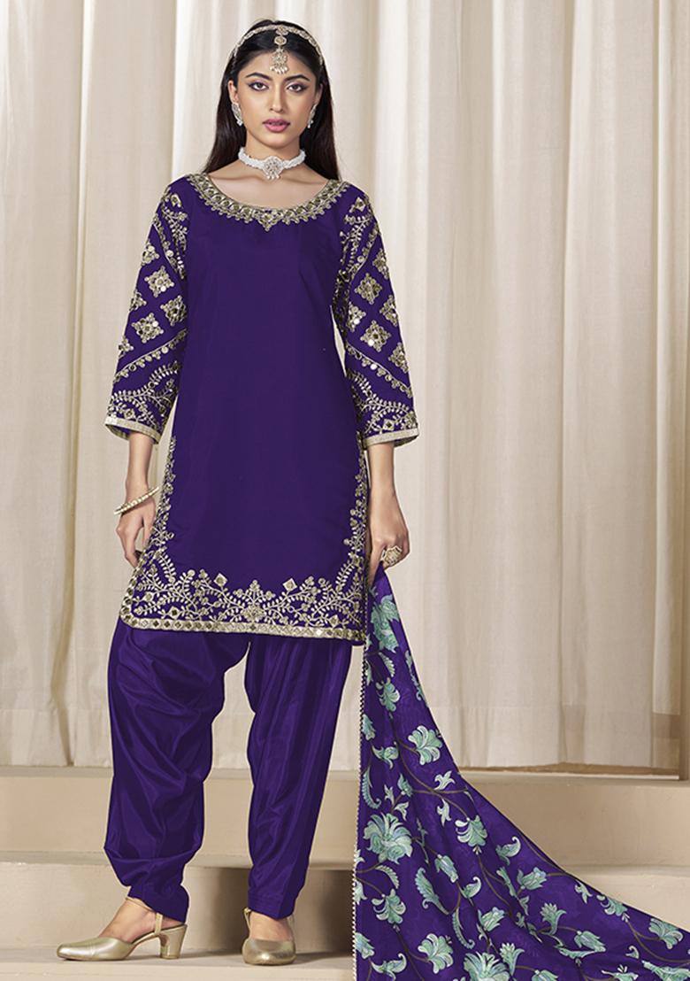 Purple Embroidered Chanderi Salwar Kameez With Dupatta - Indya