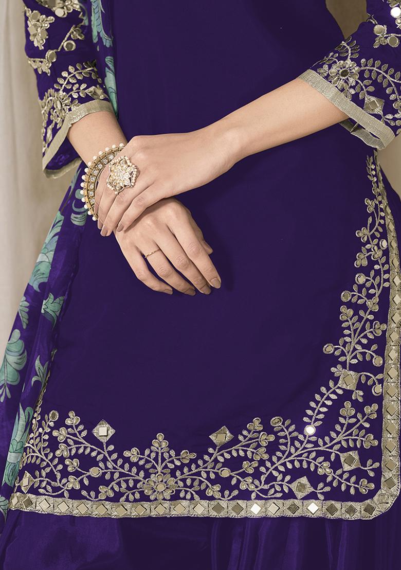 Purple Embroidered Chanderi Salwar Kameez With Dupatta - Indya
