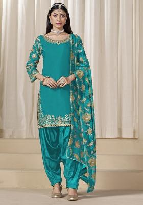 Blue Embroidered Chanderi Salwar Kameez With Dupatta