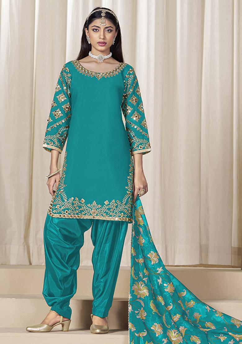 Blue Embroidered Chanderi Salwar Kameez With Dupatta - Indya