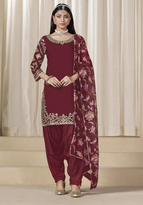 Maroon Embroidered Chanderi Salwar Kameez With Dupatta