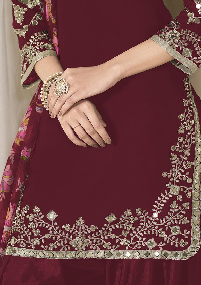 Maroon Embroidered Chanderi Salwar Kameez With Dupatta - Indya