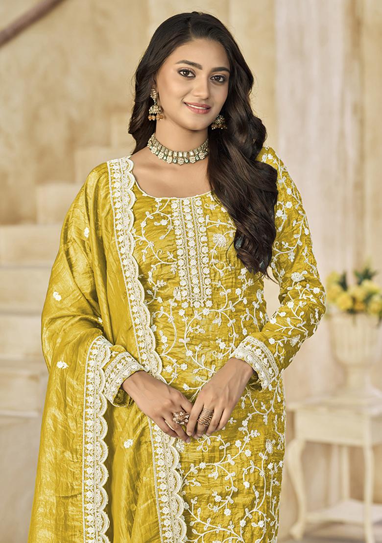 Red Embroidered Organza Salwar Kameez With Dupatta - Indya